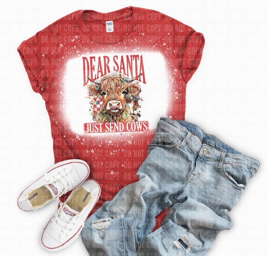 Dear Santa Just Send Cows Bleached Red T-shirt